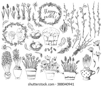 Hand drawn easter design elements set. Easter wreath, easter willow bouquet, potted hyacinths, cyclamen, crocus, bird nest, eggs, cake, feathers, spring tree branches. Happy easter hand lettering. 