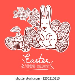 Hand drawn Easter doodle postcard. Eggs in basket and bunny. Holiday symbols. Vector illustration