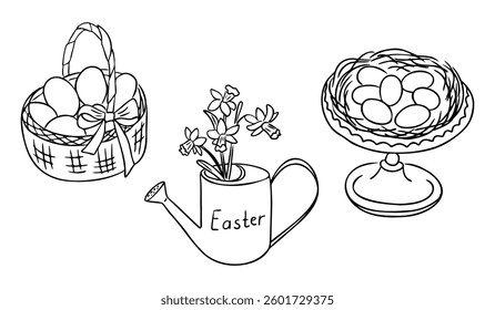 Hand drawn Easter doodle set with a basket of eggs, a watering can with flowers, and a decorative nest in black and white minimalistic style. Vector contour line drawings isolated on white background