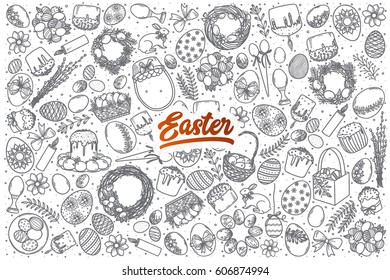Hand drawn Easter doodle set background with red lettering in vector
