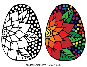 Hand drawn Easter egg with colorful flower for coloring book for adult and design elements. Can be used for card, invitation, posters, texture backgrounds, placards, banners.