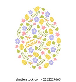 Hand drawn Easter egg with cute cartoon design elements eggs, flowers, leaves, gragonfly, fern. Pastel flat cartoon elements in egg frame. Vector illustration spring set