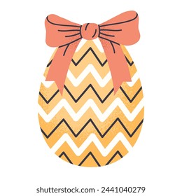 Hand drawn Easter egg. Decorative egg with pink bow, colored spring Easter holiday chocolate egg with bow flat vector illustration. Painted easter egg on white