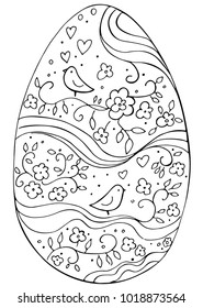 Hand drawn Easter egg with doodle ornament on white background. Vector. Cartoon Egg drawing. Spring holiday card. Perfect for coloring book, print, greeting card.
