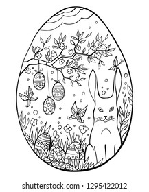 Hand drawn easter egg with doodle easter elemetns - rabbit, eggs, butterfly, flower, branch - on white background. Happy Easter. Vector coloring card. Cartoon Egg drawing. Spring holiday card.