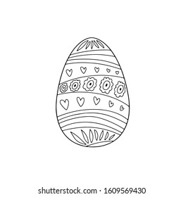 Hand drawn Easter egg with flowers, hearts, leaves doodle ornament, decorative elements in vector for coloring book. Best for decoration, logo, symbol, print, scrapbooking, greeting card, invitation