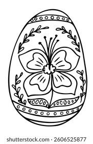 Hand drawn Easter egg with folk floral ornament in black and white outline style. Concept of traditional spring holiday, Slavic decoration and coloring activity