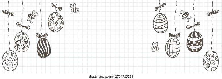 Hand drawn Easter eggs and bee doodle on graph paper background. Festive holiday illustration with seasonal patterns for greeting card design. Creative spring celebration backdrop.