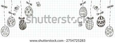 Hand drawn Easter eggs and bee doodle on graph paper background. Festive holiday illustration with seasonal patterns for greeting card design. Creative spring celebration backdrop.