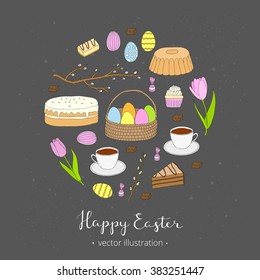 Hand drawn easter eggs, cake, tea cup, candies, cupcake, basket, tulips, pussy willow twigs composed in circle shape with lettering.