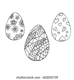 Hand drawn easter eggs collection isolated on white background in zentangle style. Vector illustration. 