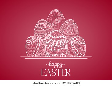 Hand Drawn Easter Eggs Composition For Greeting Card Design, Happy Ester Lettering.