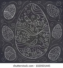 Hand drawn Easter eggs with doodle ornament on chalkboard. Vector. Cartoon Egg drawing. Spring holiday card.