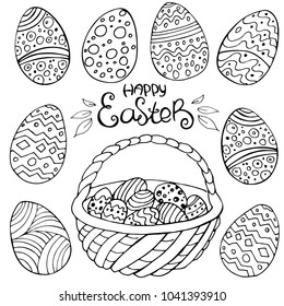 Hand drawn Easter eggs with doodle ornament and basket with colored eggs on white background. Happy Easter. Vector. Spring holiday card. Perfect for coloring book, print, greeting card.
