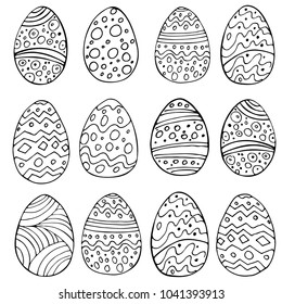 Hand drawn Easter eggs with doodle ornament on white background. Vector. Cartoon Egg drawing. Spring holiday card. Perfect for coloring book, print, greeting card.