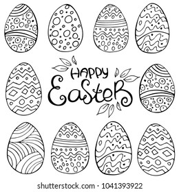 Hand drawn Easter eggs with doodle ornament on white background. Happy Easter. Vector coloring card. Cartoon Egg drawing. Spring holiday card.