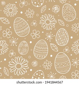 Hand drawn Easter eggs and flowers. Concept of a background. Vector