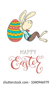 Hand drawn Easter eggs, fun rabbit, and handwritten text. Happy Easter greeting card. The concept of Christian spring holidays congratulation. Colorful vector illustration