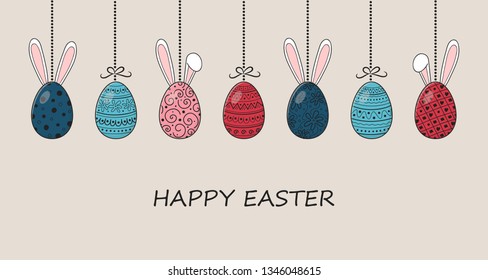 Hand drawn Easter eggs with funny rabbit ears and wishes. Vector