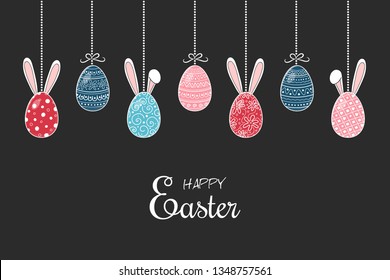 Hand drawn Easter eggs with funny rabbit ears and wishes. Vector