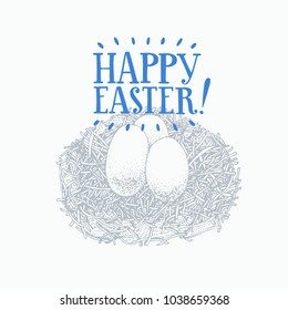 Hand drawn Easter eggs with greeting lettering. Spring vector illustration. Vintage style.