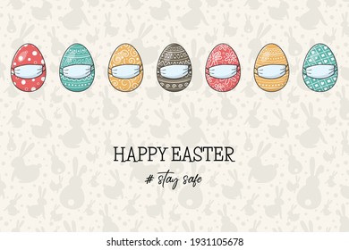 Hand drawn Easter eggs with masks. Greeting card. Covid19 epidemic. Vector