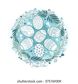 Hand drawn Easter eggs in the nest. Happy Easter card doodle design elements. Vector