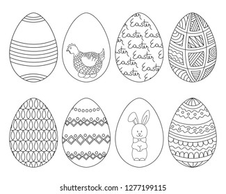 Hand drawn Easter eggs set. Black and white egg icons with a variety of ornaments in Doodle style. Vector. 