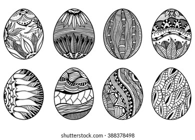 Hand drawn easter eggs set for coloring book for adult and design elements