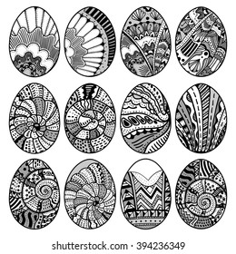 Hand drawn easter eggs set for coloring book for adult and design elements