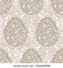 Hand drawn Easter eggs, swirl pattern, white background. Seamless pattern, vector.
