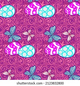 Hand drawn Easter eggs, swirl pattern, butterflies, magenta background. Seamless pattern, vector.