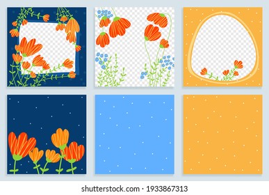 Hand drawn easter floral abstract square templates for social media posts. Vector doodle backgrounds