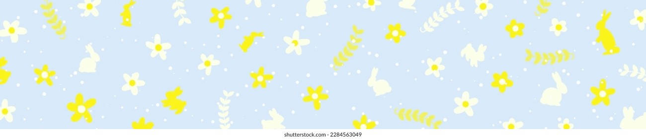 Hand drawn Easter floral background banner. Horizontal Easter backdrop. Rabbits and floral elements on blue background.  Vector Illustration. EPS 10.