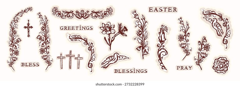 Hand drawn easter floral border corner elements daffodil motif set with christian blessing lettering. Flat isolated vector design with cross motif. For Holy week spring bible journaling sticker bundle