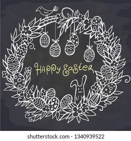 Hand drawn easter floral wreath with easter eggs, bunny and bird isolated on chalkboard. Vector illustration. Perfect for greeting card, invitation, postcard, print. Spring holiday card.