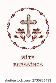 Hand drawn easter floral wreath with christian cross printable greeting card. Flat isolated vector design with botanical motif and block print flower. For Holy week blessings greetings
