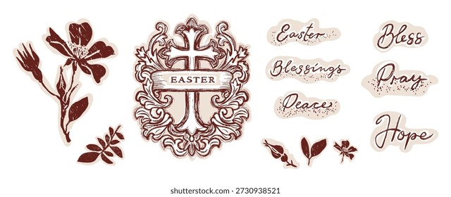 Dibujado a mano guirnalda floral de Pascua con cruz cristiana imprimible tarjeta de felicitación. Diseño de Vector aislado plano con motivo botánico y flor de impresión en bloque.  Para las bendiciones de Semana Santa saludos
Tarjeta.
