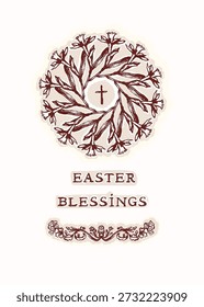 Hand drawn easter floral wreath with christian blessing printable greeting card. Flat isolated vector design with cross motif and block print flower.  For Holy week spring hope sentiment.