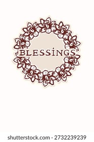 Hand drawn easter floral wreath with christian blessing printable greeting card. Flat isolated vector design with lettering motif and block print daffodil flower. Holy week spring hope sentiment.