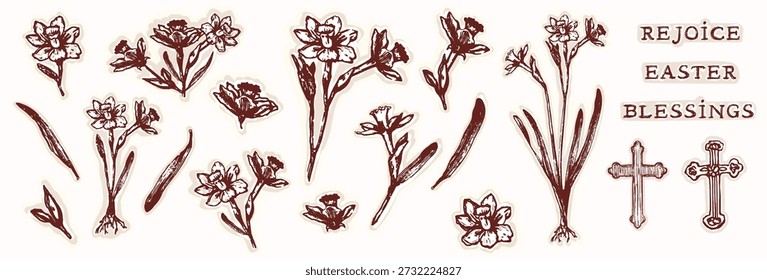 Hand drawn easter floraldaffodil motif set with christian blessing lettering. Flat isolated vector design with cross motif and block print flower.  For Holy week , spring bible journaling sticker pic
