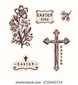Flor de Pascua dibujada a mano con conjunto de ilustración con motivo de cruz cristiana. Vector aislado plano para diseño religioso de Pascua 2026. Colección de icono de arte de decoración de letras de crucifijo de fe floral en blanco y negro 

