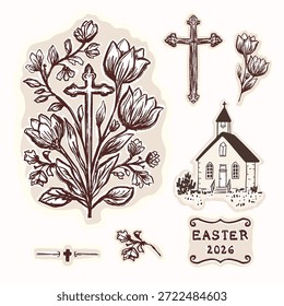 Flor de Pascua dibujada a mano con conjunto de ilustración con motivo de cruz cristiana. Vector aislado plano para diseño religioso de Pascua 2026. Colección de icono de arte de decoración de letras de crucifijo de fe floral en blanco y negro 