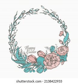 Hand Drawn Easter Flowers Wreath Color Vector Illustration. Willow Twigs Frame Abstract Sketch with Greetings. Spring Holiday Engraving Style Drawing. Isolated