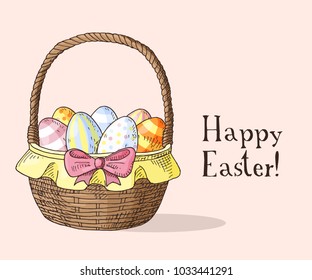Hand drawn easter gift card with easter basket with eggs. Greate holiday.