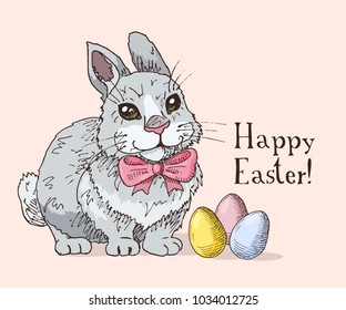 Hand drawn easter gift card with funny rabbit with the bow tie and easter eggs. Greate holiday.