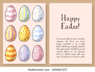 Hand drawn easter gift card with colorful ornated easter eggs. Greate holiday.