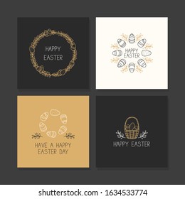Hand drawn Easter greeting card collection. Collection of hand drawn Easter card templates with easter eggs, easter basket, flower elements and wish. Vector illustration.