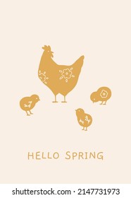 Hand drawn Easter greeting card with cute chickens and flowers in flat style. Charming spring illustration with hens. Vector poster for spring design and Easter holidays. Colored vector postcard