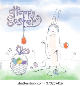 Hand drawn Easter greeting card, illustration, design element in vector format. Bunny and eggs